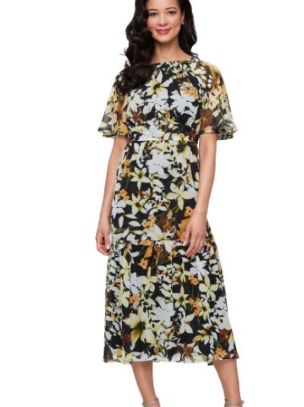 SLNY Black Floral Midi Dress with Yellow & Cream Blooms